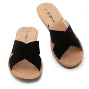 Black faux suede crisscross sandals - new in box from closing boutique